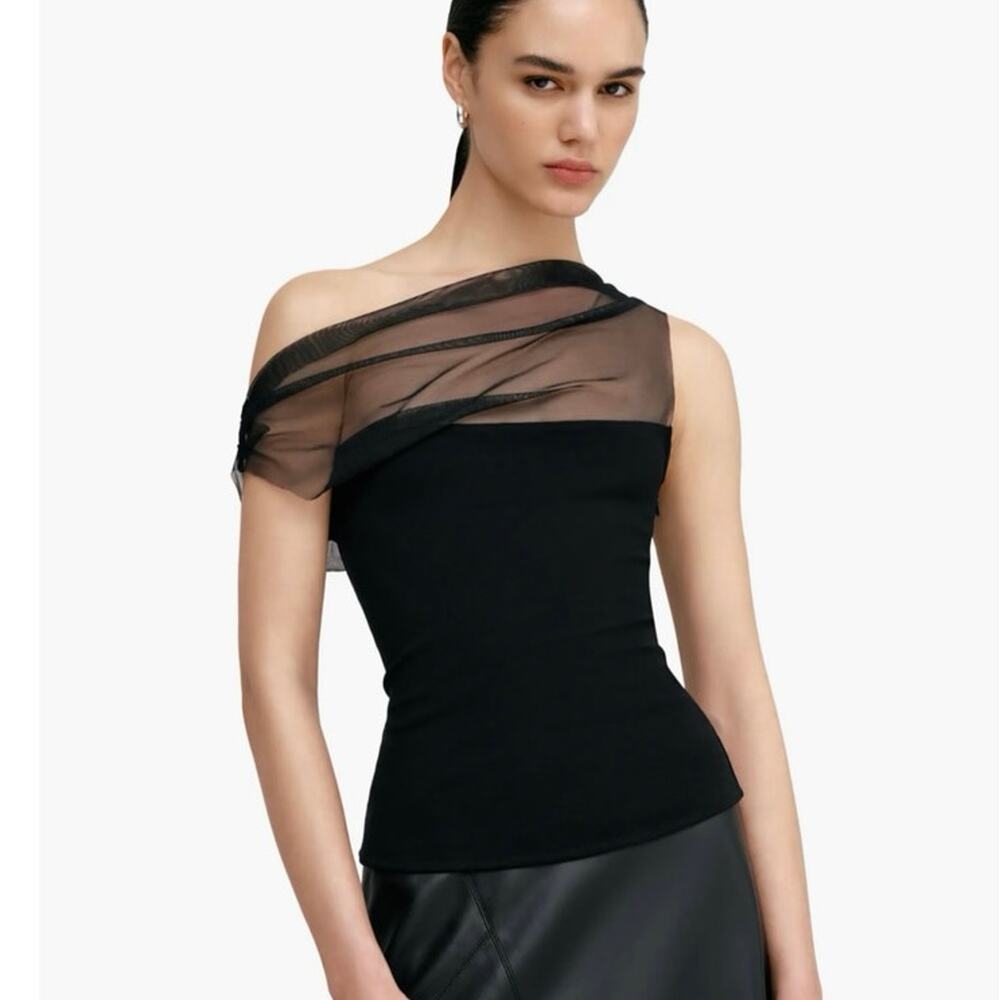 NWOT Marcella Cabrini Mesh One-Shoulder Top in Black SZ S - Picture 6 of 8